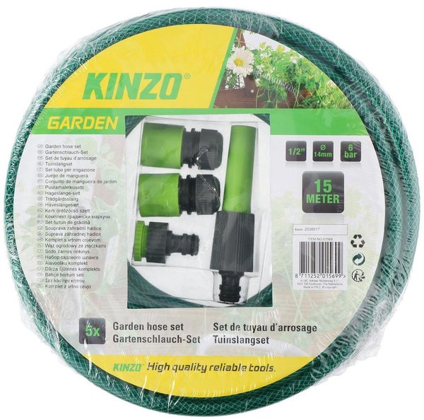 Kinzo Garden tuinslang - 15m - diameter 1,4cm - 3 lagen - incl. sproeistuk en 3 koppelstukken